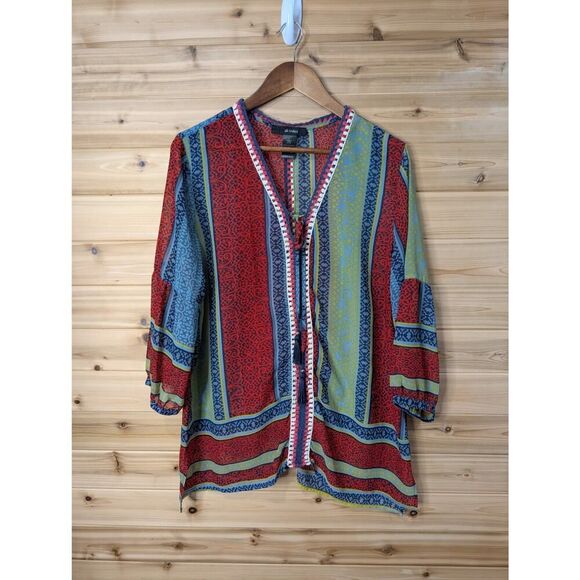 Ali Miles Top Womens Large Multicolor Striped Semi Sheer Blouse Art Colorful - Picture 1 of 11